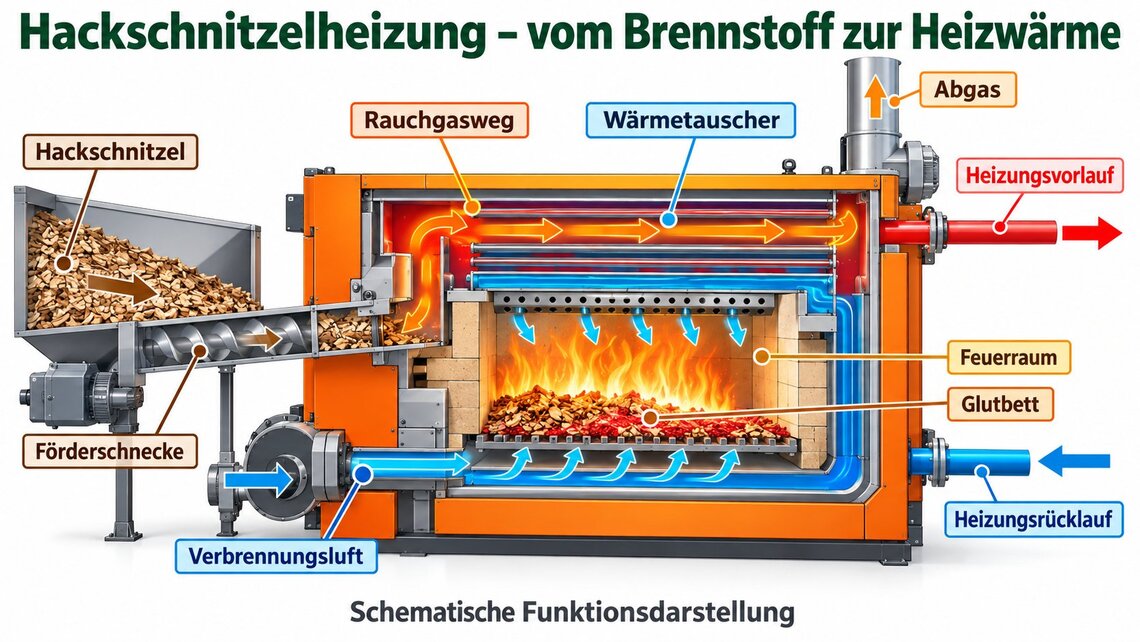 Hackschnitzelheizung, Funktionsprinzip (schematisch). Betzold, Ellwangen-Neunheim: Holzreste aus der eigenen Schreinerei versorgen über ein Fernwärmenetz den gesamten Standort.