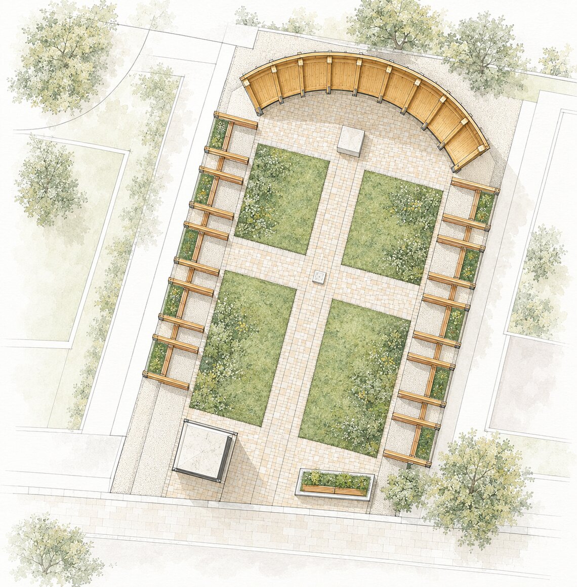 Grundriss des Gartens mit Pavillon, Rasenfeldern und Sitzbänken