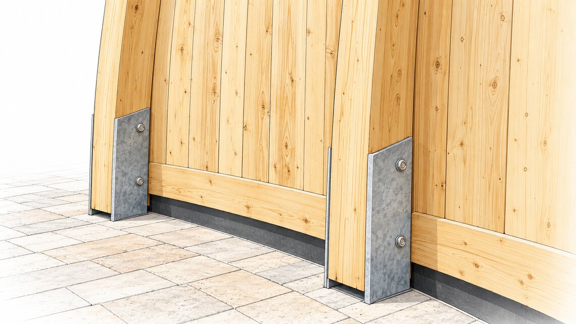 Detail Fußpunkt: Holzträger im Stahlfuß